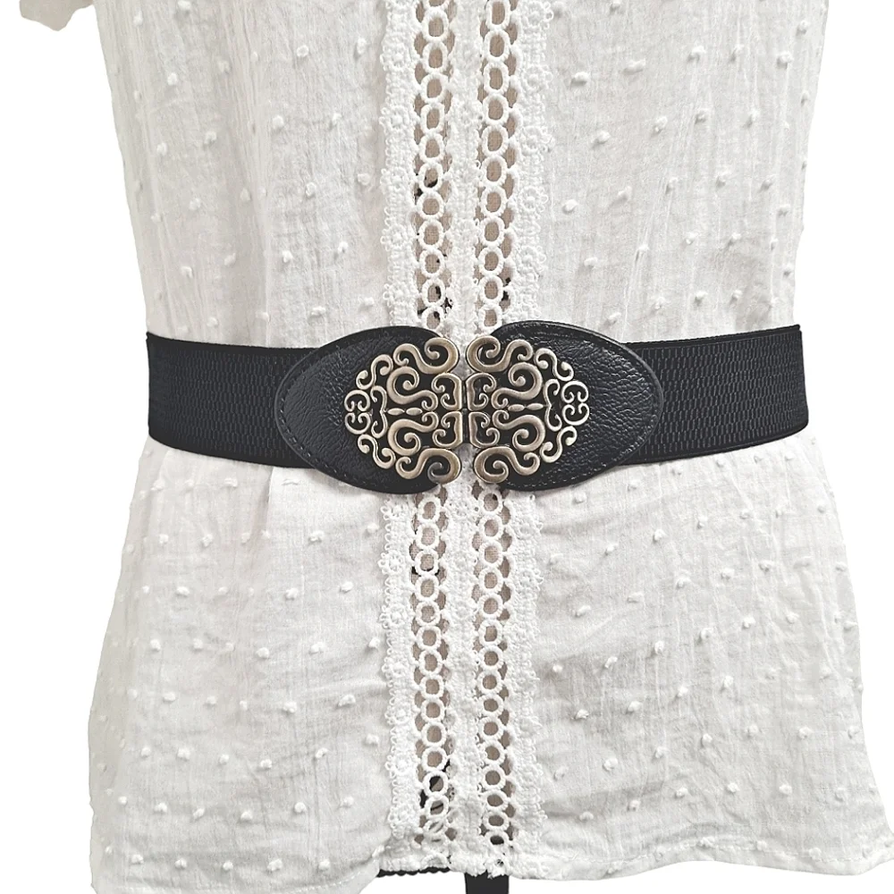 Black gold floral buckle faux leather corset boho stretch waist statement belt